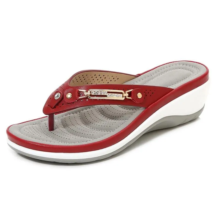 Sonicelife  Women's Slippers Summer Flip Flops Platform Shoes For Women Wedge Comfort Metal Button Slides Casual Ladies Beach Footwear 2024