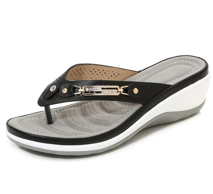 Sonicelife  Women's Slippers Summer Flip Flops Platform Shoes For Women Wedge Comfort Metal Button Slides Casual Ladies Beach Footwear 2024