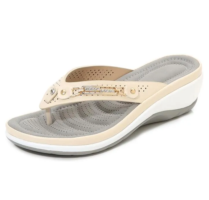 Sonicelife  Women's Slippers Summer Flip Flops Platform Shoes For Women Wedge Comfort Metal Button Slides Casual Ladies Beach Footwear 2024