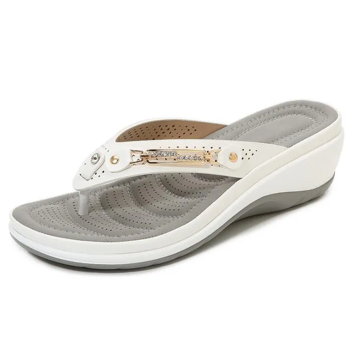 Sonicelife  Women's Slippers Summer Flip Flops Platform Shoes For Women Wedge Comfort Metal Button Slides Casual Ladies Beach Footwear 2024