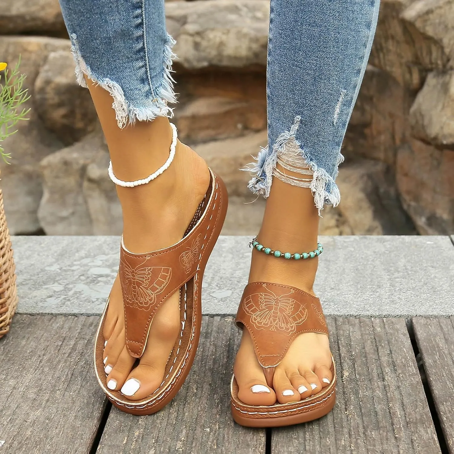 SuanlaTDS Women's Slide Sandals Wedge Flip Flops 2025 Comfortable Dressy Summer Orthopedic Arch Support Platform Slip On Walking Beach Shoes Thong Open Toe Low Heels Wedges Slide Sandal