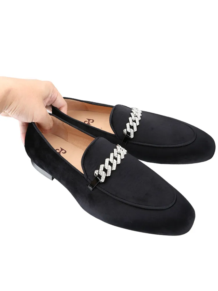 Summer new four-color imported genuine velvet men's smoking loafers with the same style as the big brand's crystal diamond buckle slip-on slip-ons
