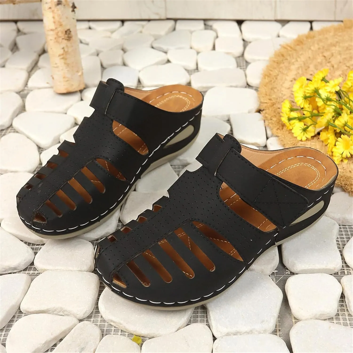 Summer Sandals for Women 2025 Comfortable Hollow Platform Wedge Sandals Orthopedic Slip On Slippers Arch Support Slip Sandal Casual Bohemia Gladiator Walking Wedges