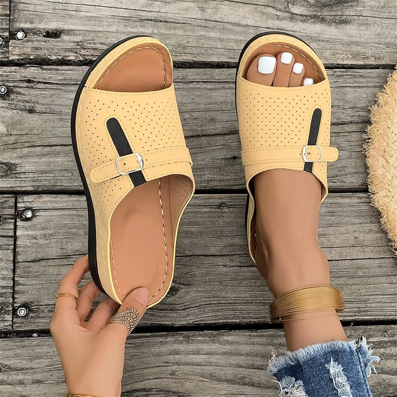 Summer Sandals for Women 2025 Platform Wedge Comfortable Arch Support Slides Open Toe Wide Width Orthotic Leather Sandals