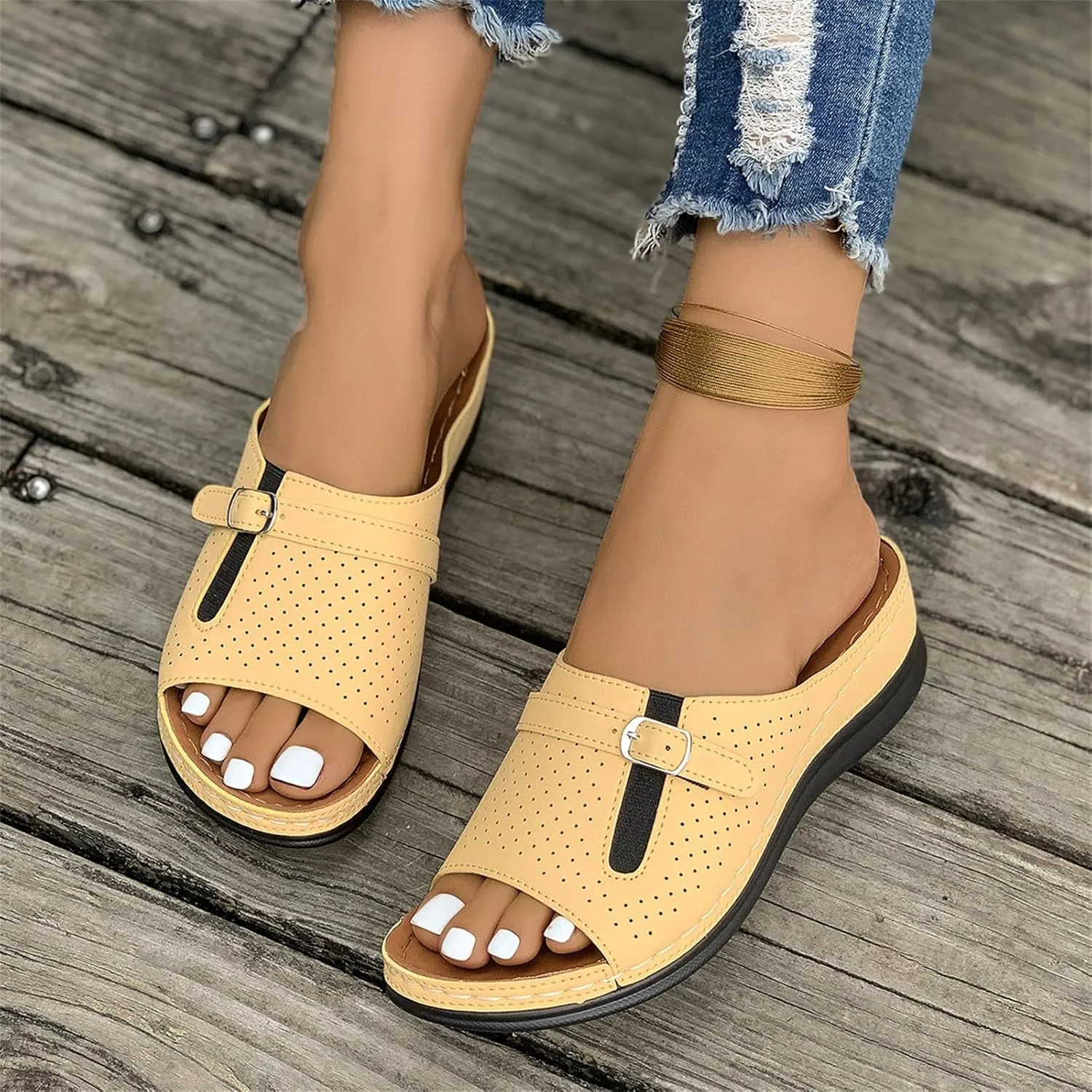 Summer Sandals for Women 2025 Platform Wedge Comfortable Arch Support Slides Open Toe Wide Width Orthotic Leather Sandals