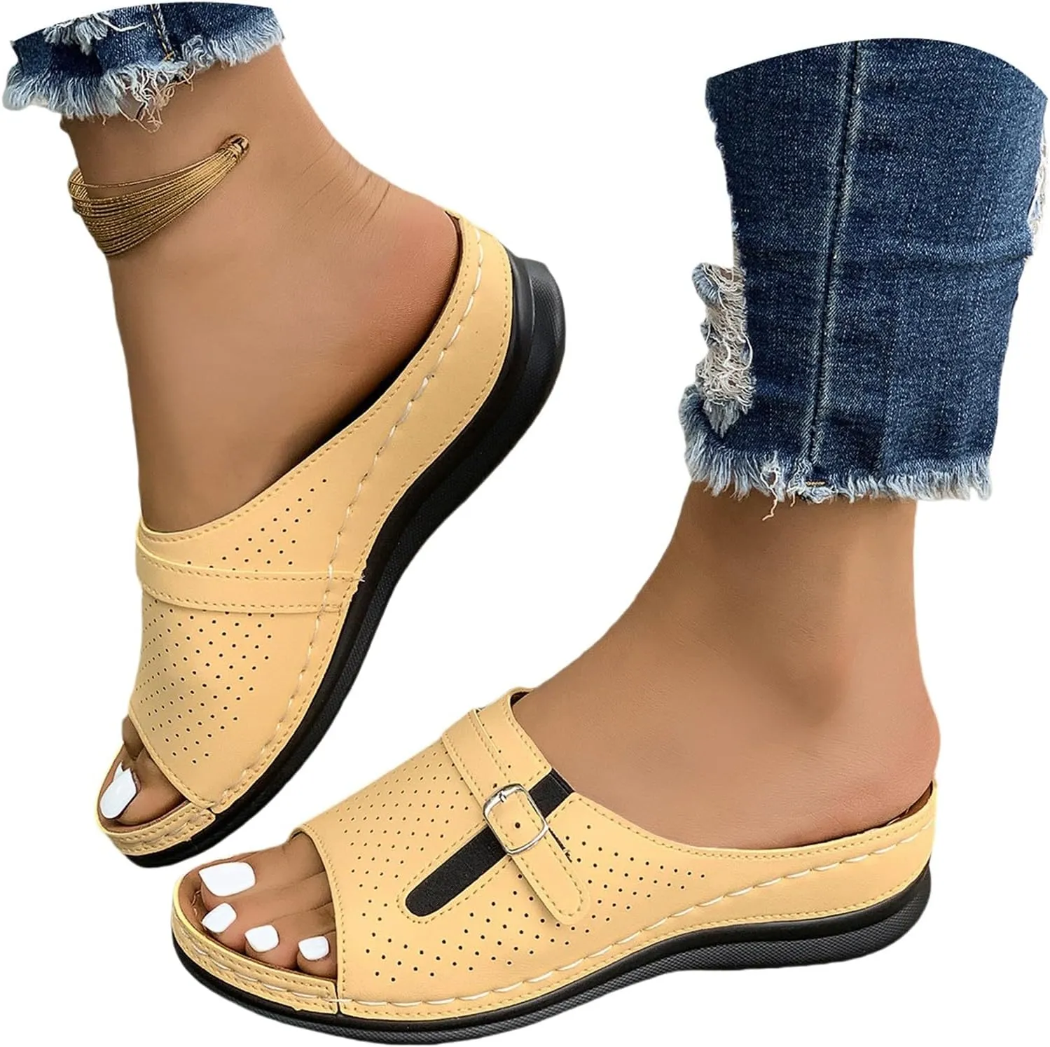 Summer Sandals for Women 2025 Platform Wedge Comfortable Arch Support Slides Open Toe Wide Width Orthotic Leather Sandals