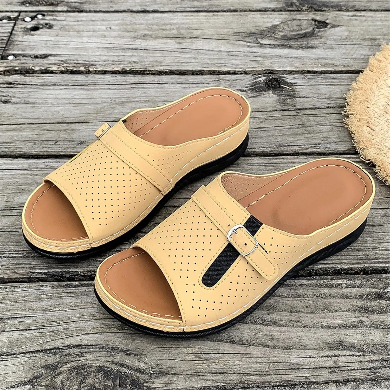 Summer Sandals for Women 2025 Platform Wedge Comfortable Arch Support Slides Open Toe Wide Width Orthotic Leather Sandals