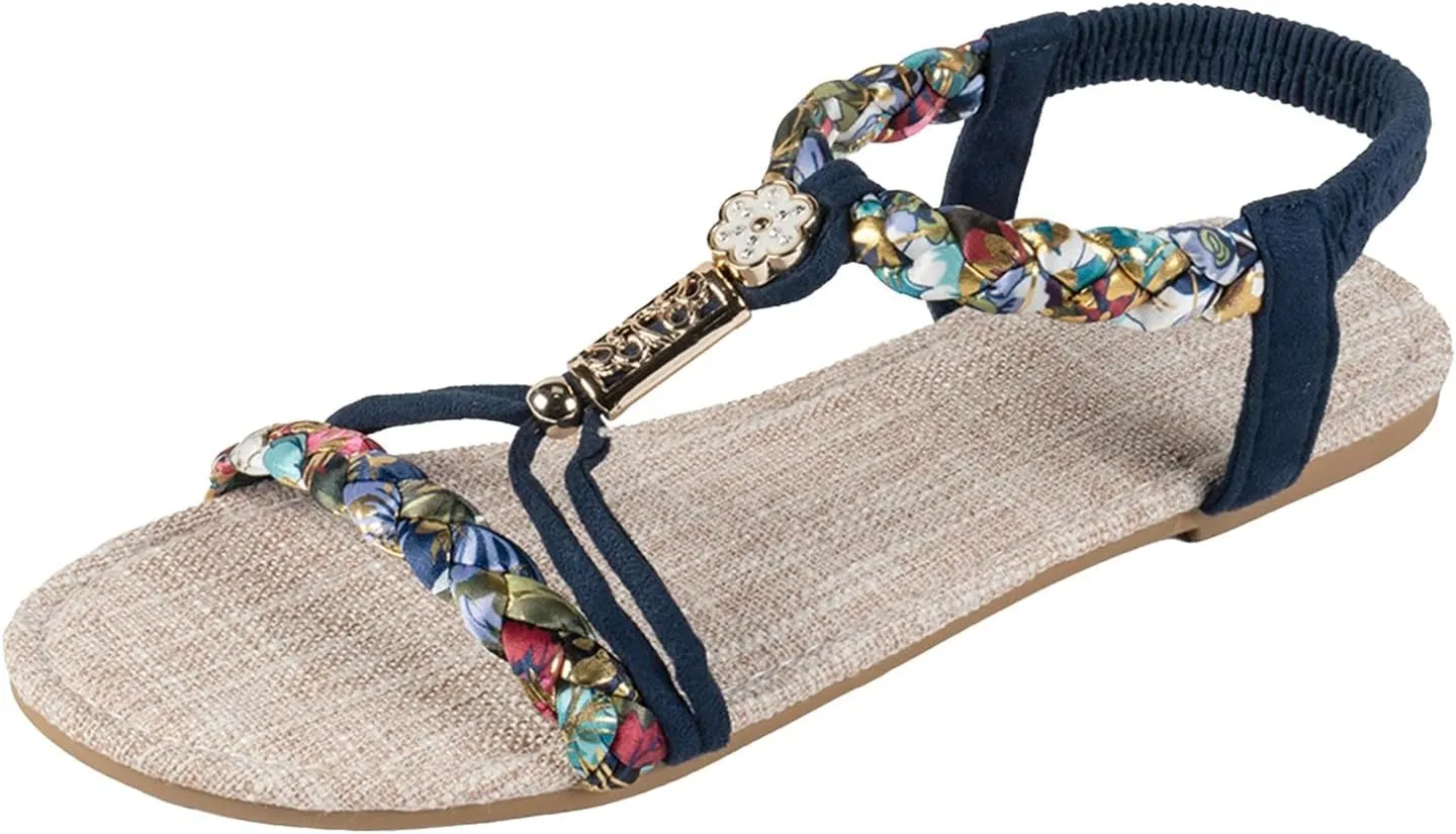 Summer Sandals for Women 2025 Trendy Casual Bohemian Beach Sandal Womens Orthopedic Wedge Sandals Ankle Strap Flip Flops Open Toe Jeweled Flat Shoes