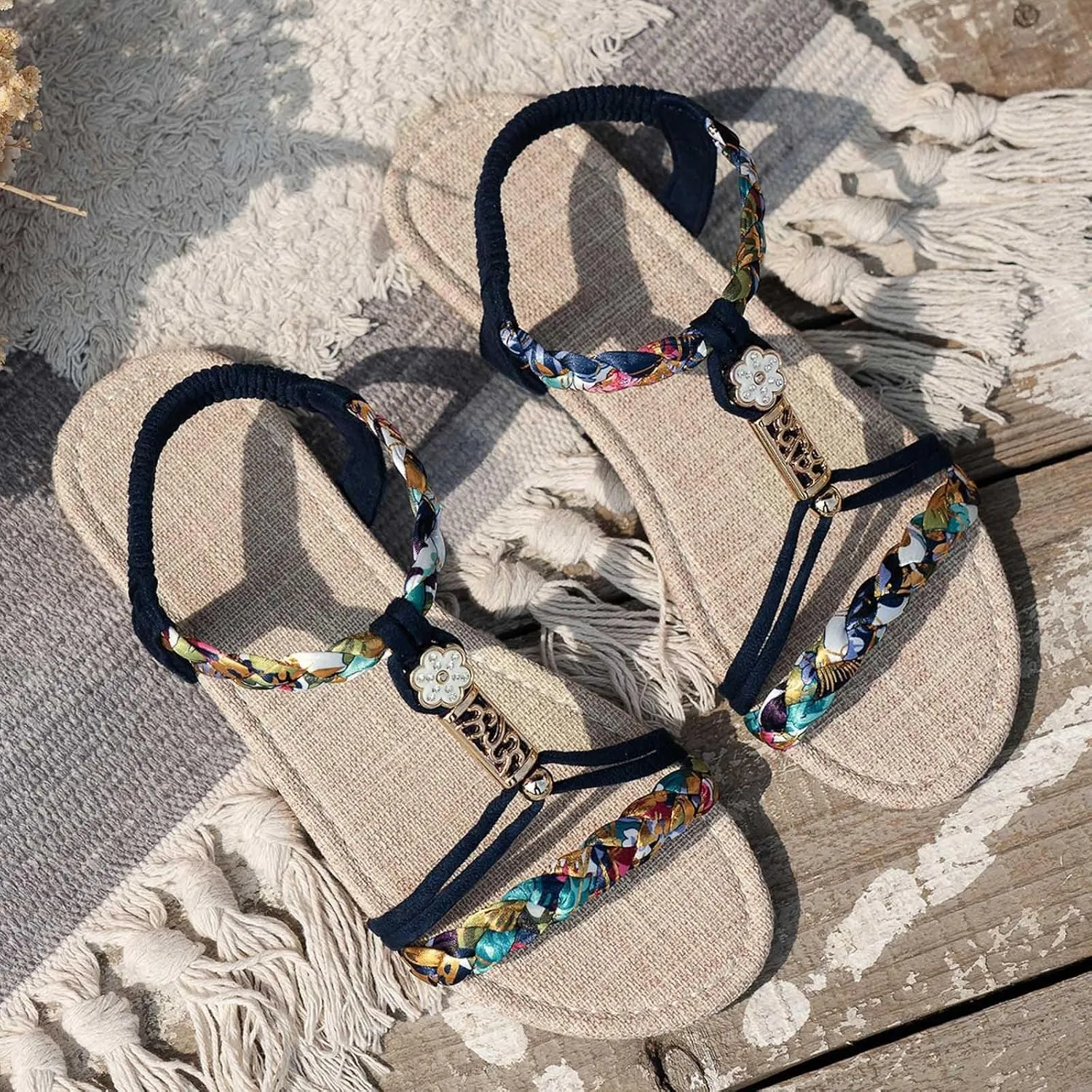 Summer Sandals for Women 2025 Trendy Casual Bohemian Beach Sandal Womens Orthopedic Wedge Sandals Ankle Strap Flip Flops Open Toe Jeweled Flat Shoes