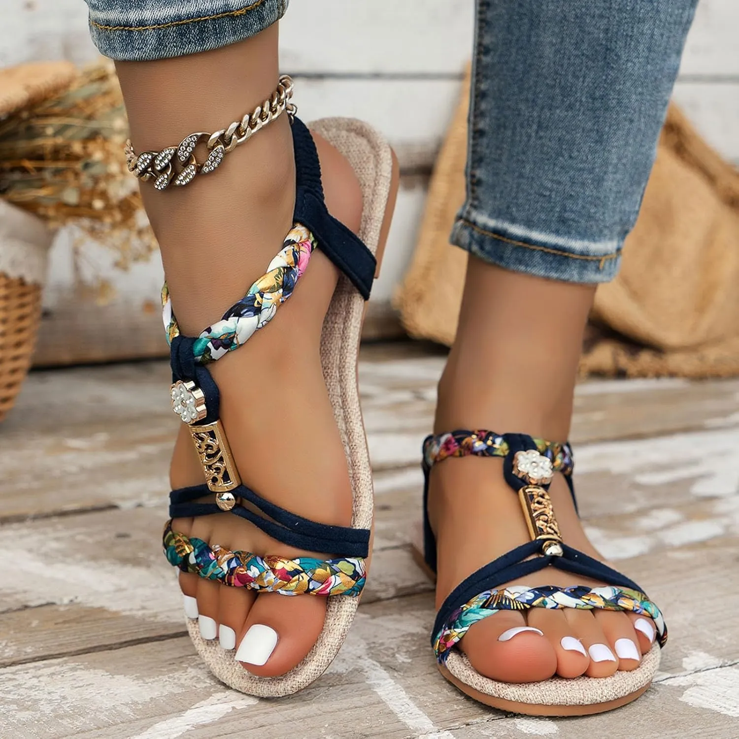 Summer Sandals for Women 2025 Trendy Casual Bohemian Beach Sandal Womens Orthopedic Wedge Sandals Ankle Strap Flip Flops Open Toe Jeweled Flat Shoes