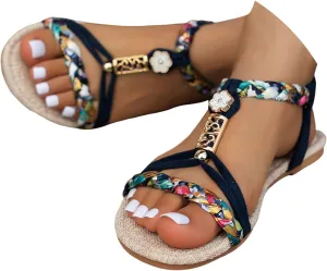 Summer Sandals for Women 2025 Trendy Casual Bohemian Beach Sandal Womens Orthopedic Wedge Sandals Ankle Strap Flip Flops Open Toe Jeweled Flat Shoes