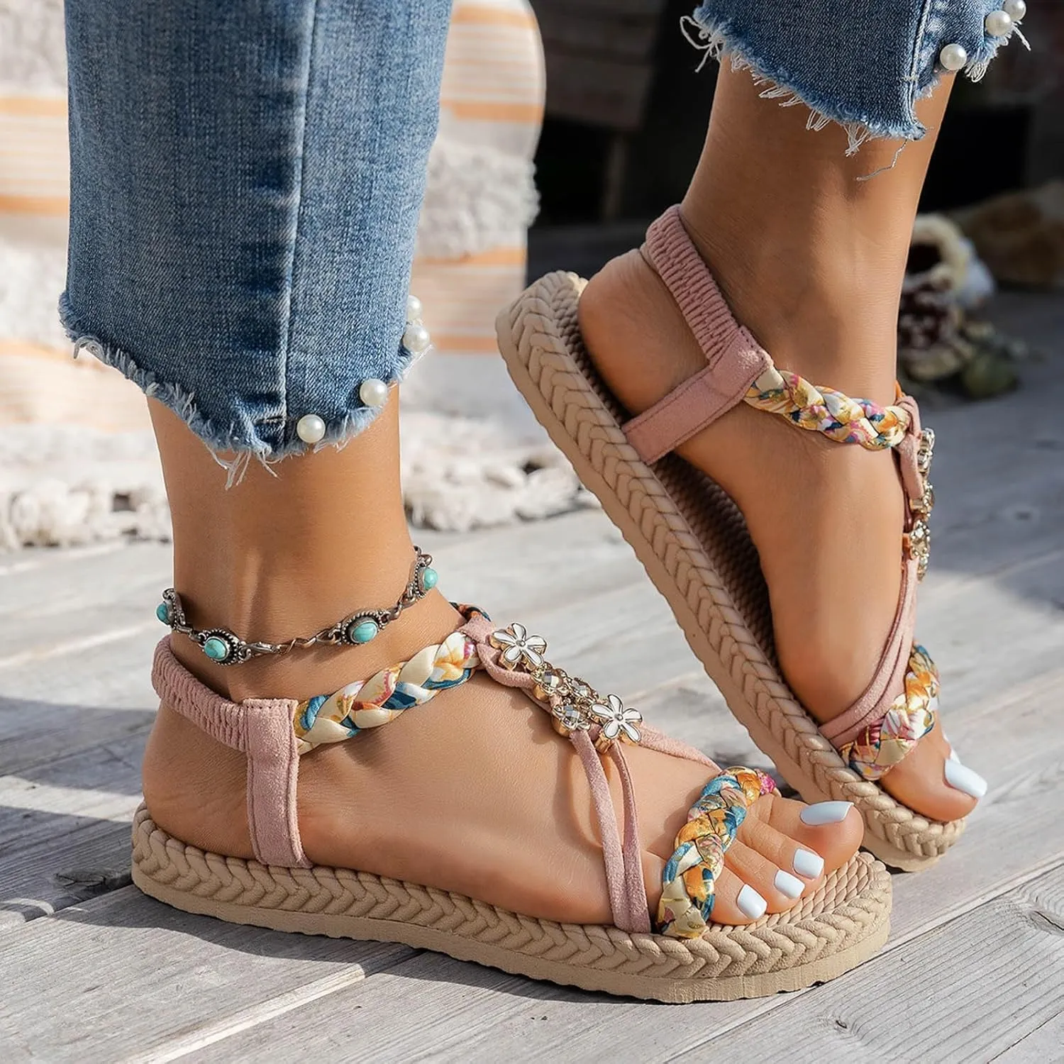 Summer Sandals for Women 2025 Trendy Dressy Womens Low Wedge Heels Sandal Shoes Platform Wedges Shoe Comfort Walking Non Slip Casual Beach Shoes Ankle Elastic Bohemian Woven Sandals