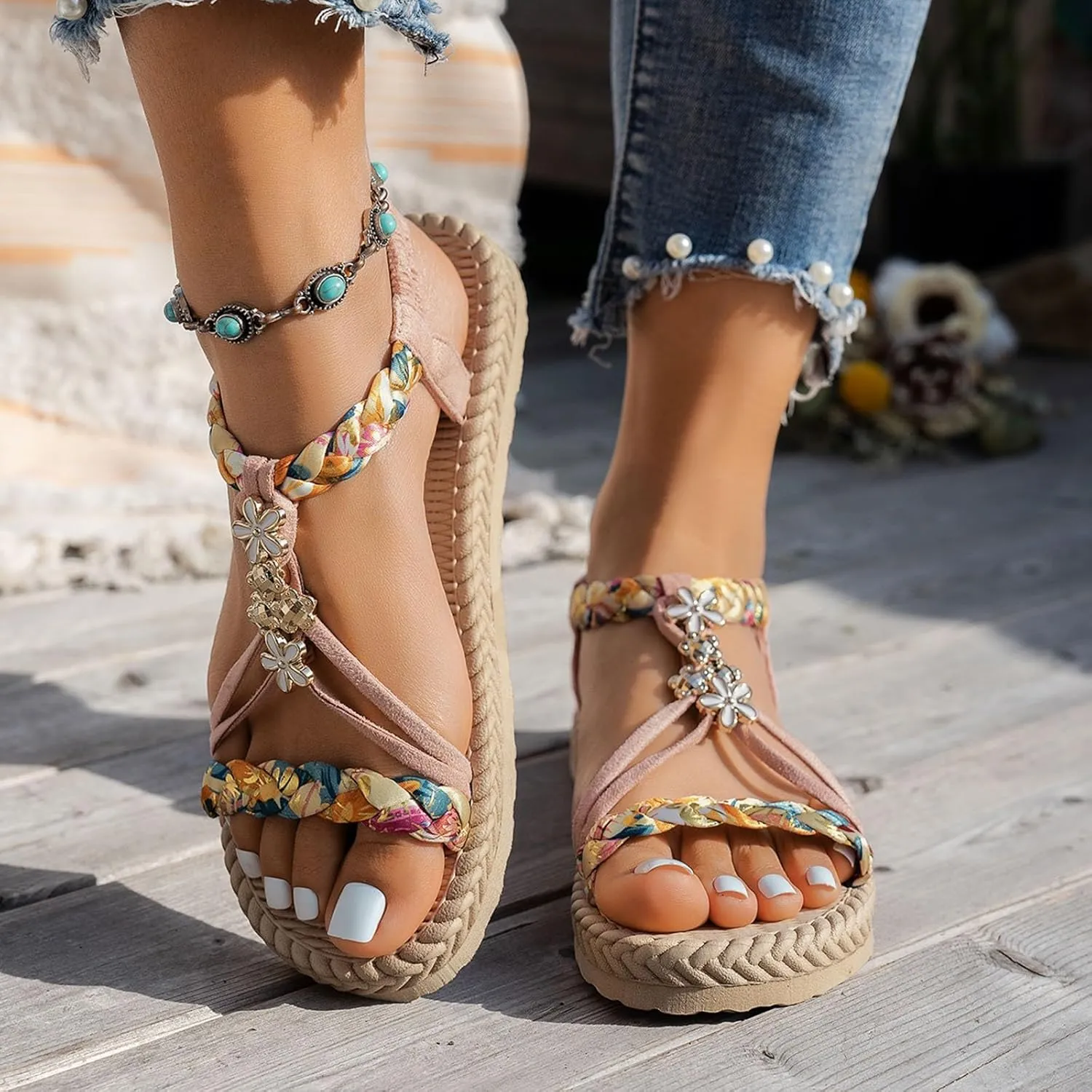 Summer Sandals for Women 2025 Trendy Dressy Womens Low Wedge Heels Sandal Shoes Platform Wedges Shoe Comfort Walking Non Slip Casual Beach Shoes Ankle Elastic Bohemian Woven Sandals