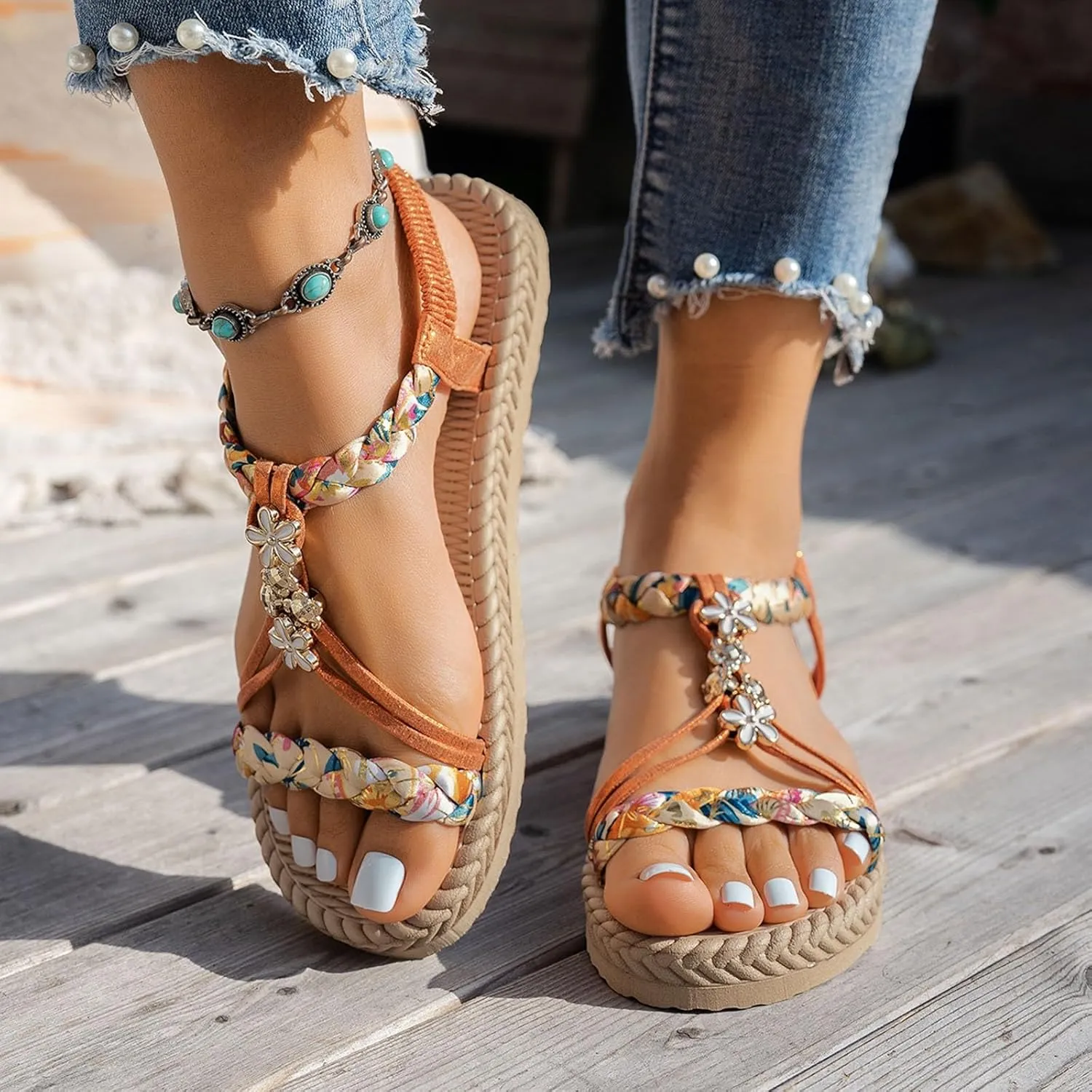 Summer Sandals for Women 2025 Trendy Dressy Womens Low Wedge Heels Sandal Shoes Platform Wedges Shoe Comfort Walking Non Slip Casual Beach Shoes Ankle Elastic Bohemian Woven Sandals
