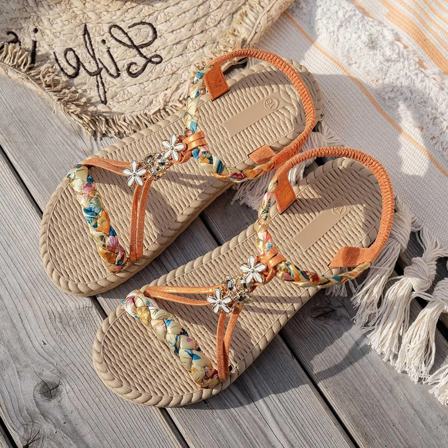 Summer Sandals for Women 2025 Trendy Dressy Womens Low Wedge Heels Sandal Shoes Platform Wedges Shoe Comfort Walking Non Slip Casual Beach Shoes Ankle Elastic Bohemian Woven Sandals