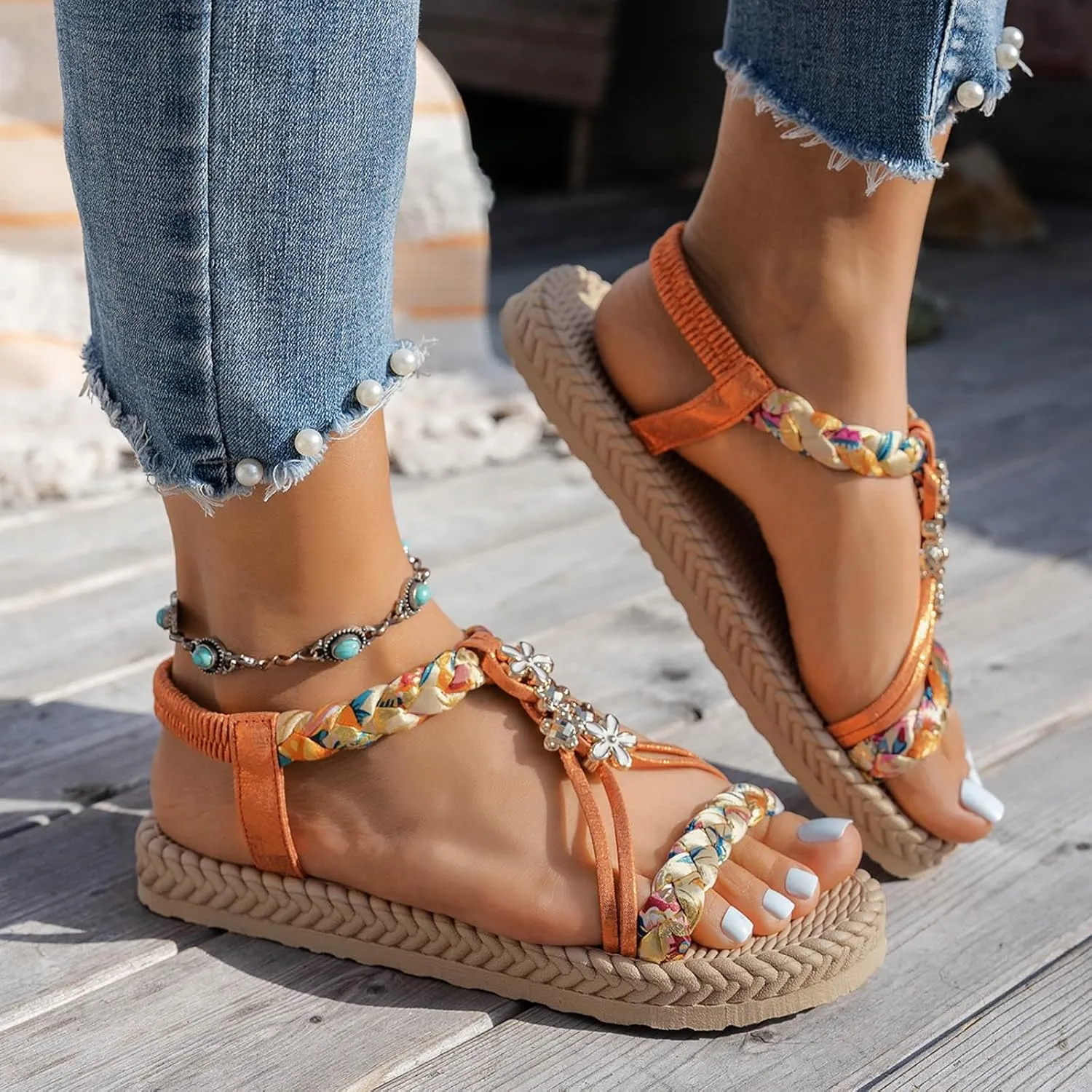 Summer Sandals for Women 2025 Trendy Dressy Womens Low Wedge Heels Sandal Shoes Platform Wedges Shoe Comfort Walking Non Slip Casual Beach Shoes Ankle Elastic Bohemian Woven Sandals