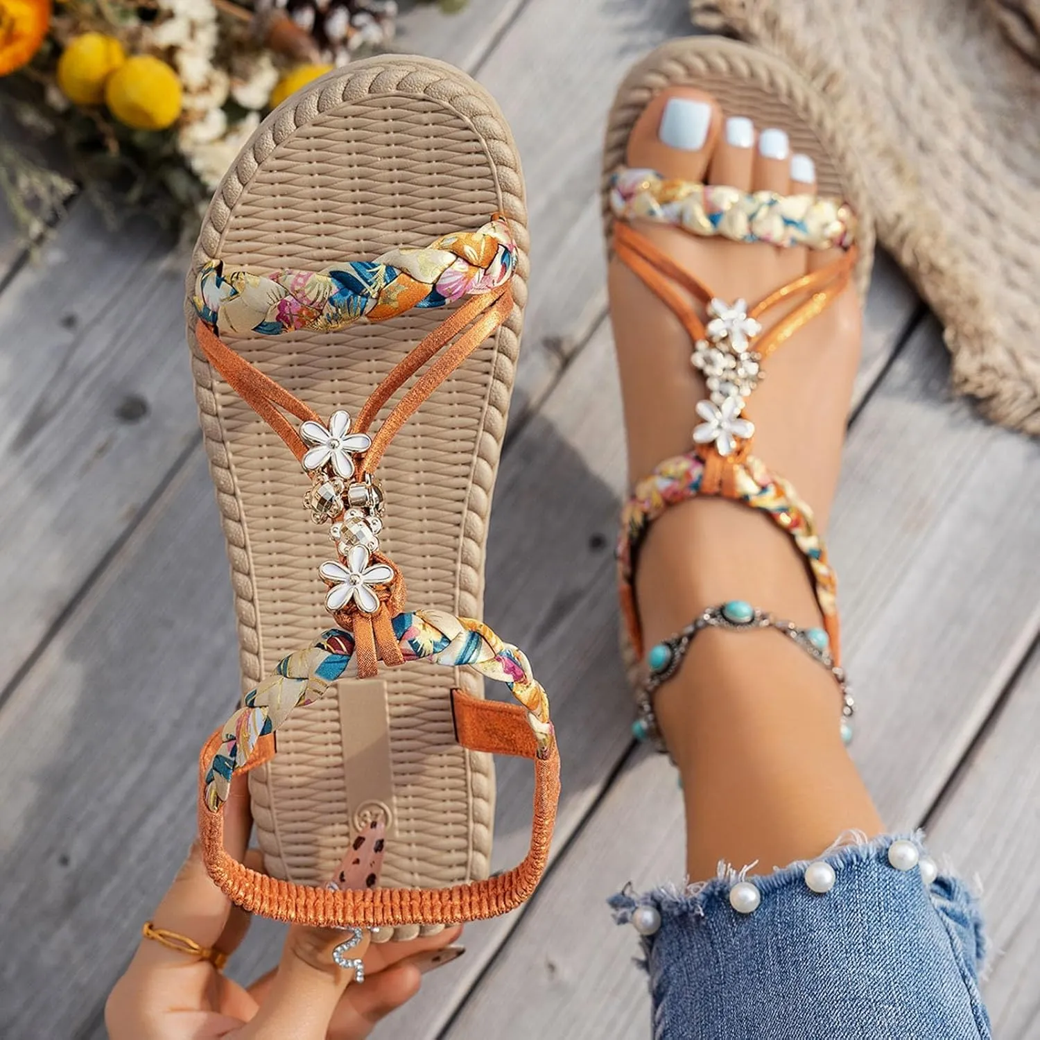 Summer Sandals for Women 2025 Trendy Dressy Womens Low Wedge Heels Sandal Shoes Platform Wedges Shoe Comfort Walking Non Slip Casual Beach Shoes Ankle Elastic Bohemian Woven Sandals