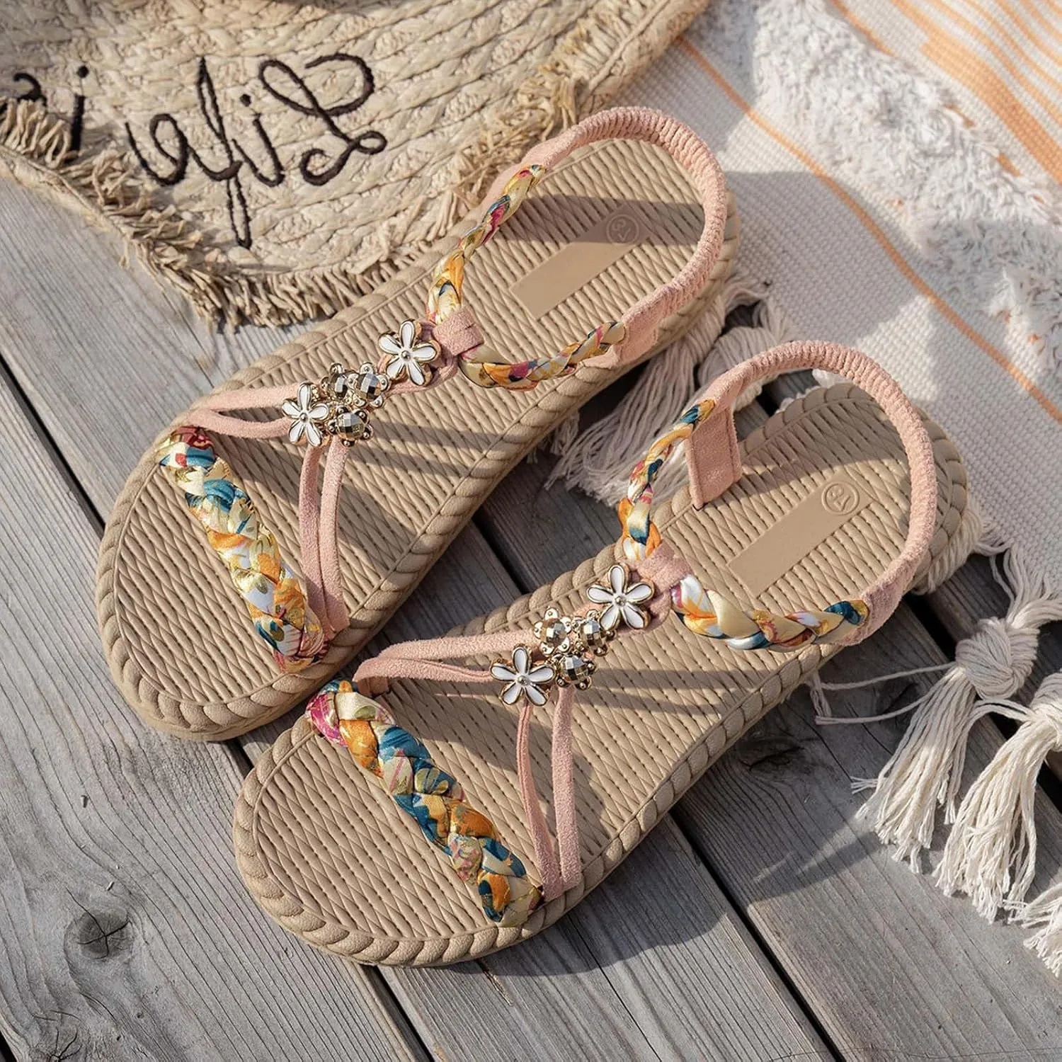 Summer Sandals for Women 2025 Trendy Dressy Womens Low Wedge Heels Sandal Shoes Platform Wedges Shoe Comfort Walking Non Slip Casual Beach Shoes Ankle Elastic Bohemian Woven Sandals