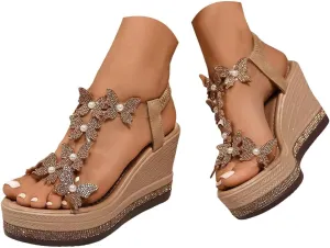 Wedge Sandals For Women 2025 Summer Women's High Heel Sandal Rhinestone Platform Butterfly Decor Cute Slides Thick Soled Open Toe T Strap Thongs Shoes with Transparent Elastic Strap Boho Beach