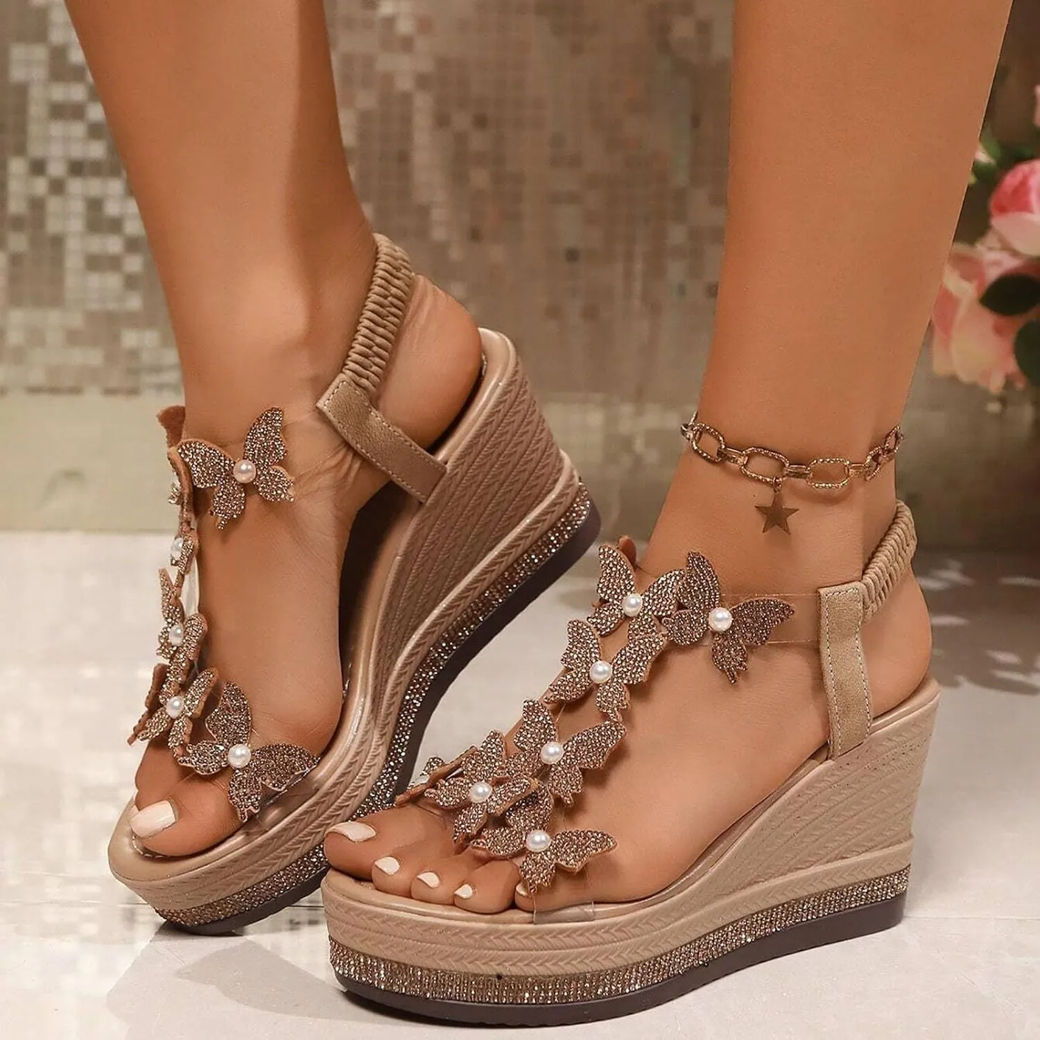 Wedge Sandals For Women 2025 Summer Women's High Heel Sandal Rhinestone Platform Butterfly Decor Cute Slides Thick Soled Open Toe T Strap Thongs Shoes with Transparent Elastic Strap Boho Beach