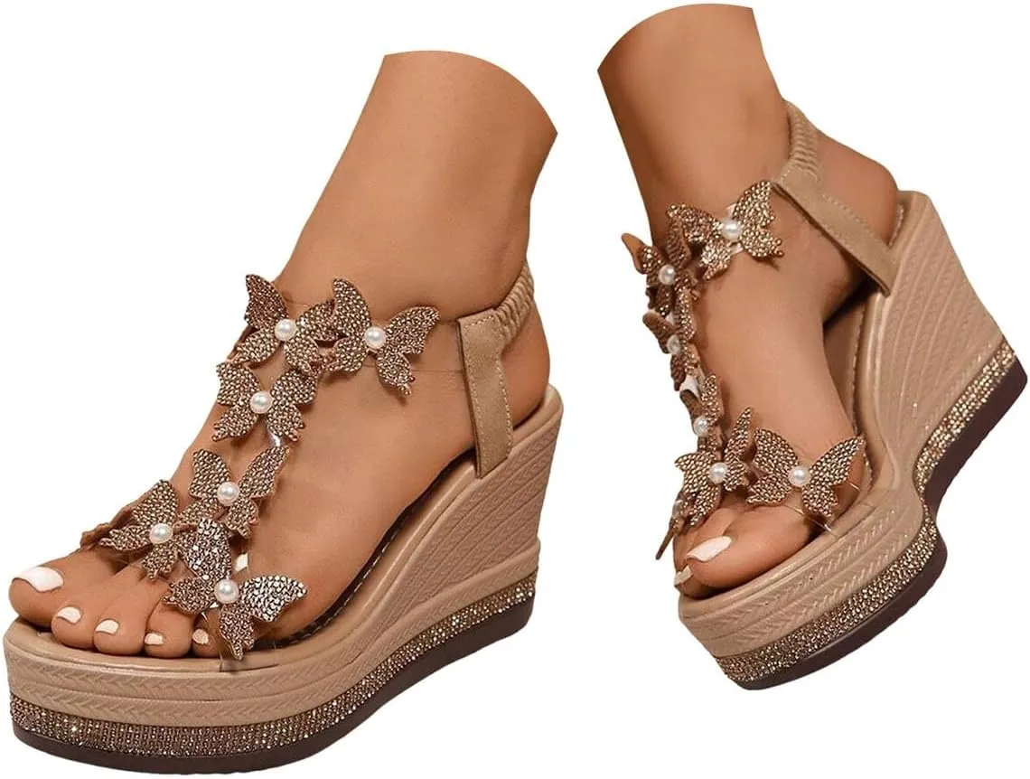 Wedge Sandals For Women 2025 Summer Women's High Heel Sandal Rhinestone Platform Butterfly Decor Cute Slides Thick Soled Open Toe T Strap Thongs Shoes with Transparent Elastic Strap Boho Beach