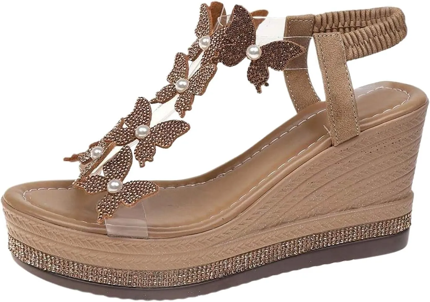 Wedge Sandals For Women 2025 Summer Women's High Heel Sandal Rhinestone Platform Butterfly Decor Cute Slides Thick Soled Open Toe T Strap Thongs Shoes with Transparent Elastic Strap Boho Beach
