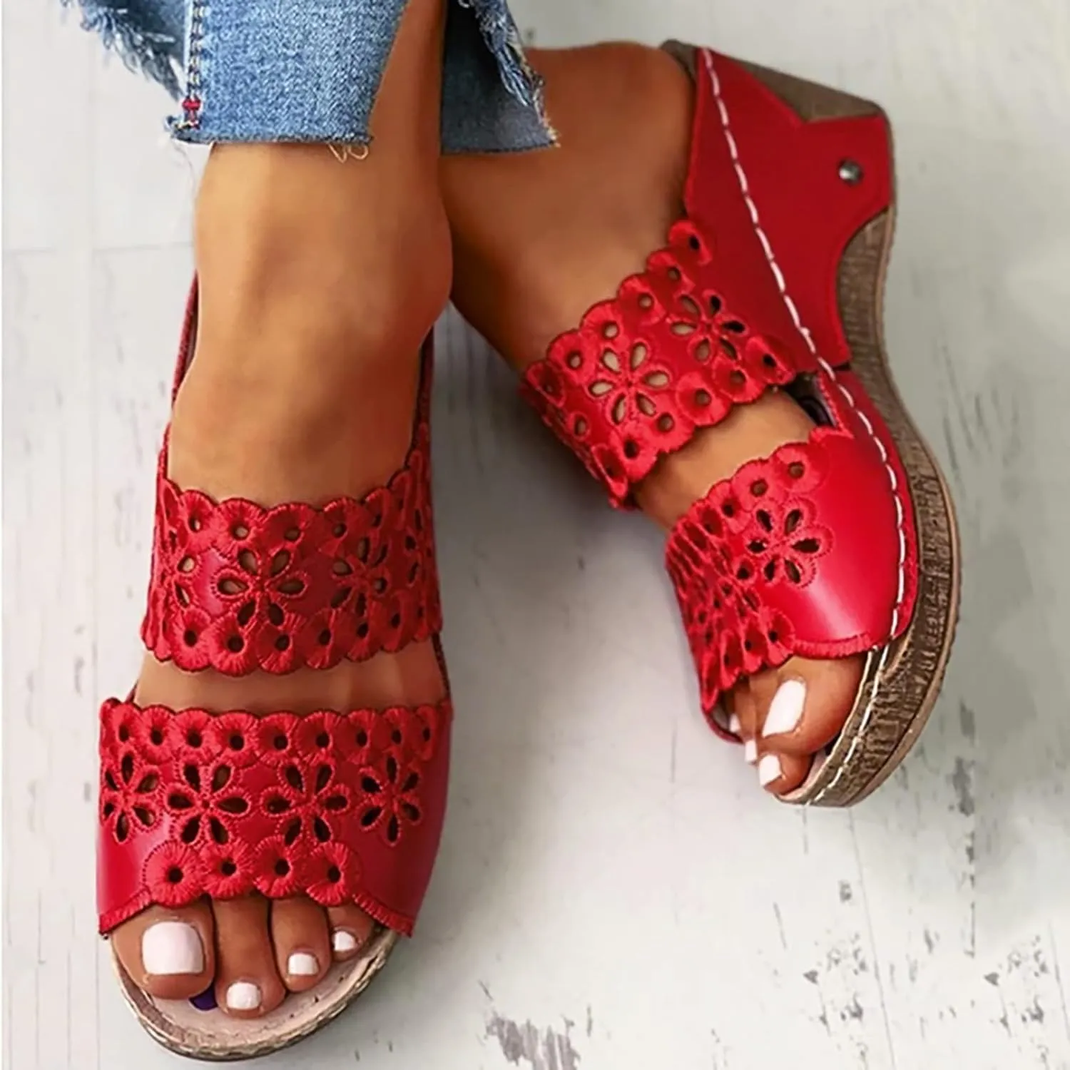 Wedge Sandals for Women Dressy, Hollow Out Embroidered Two Band Platform Sandals Mid Heels Summer Casual Slip On Walking Shoes