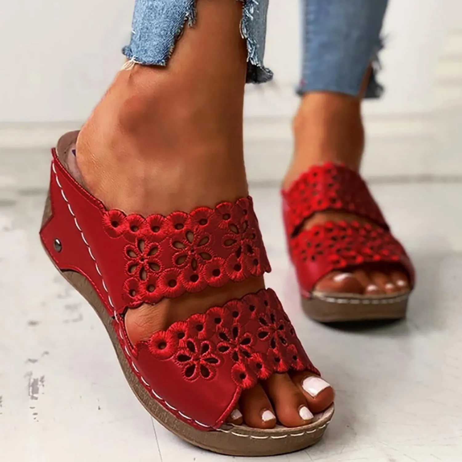 Wedge Sandals for Women Dressy, Hollow Out Embroidered Two Band Platform Sandals Mid Heels Summer Casual Slip On Walking Shoes