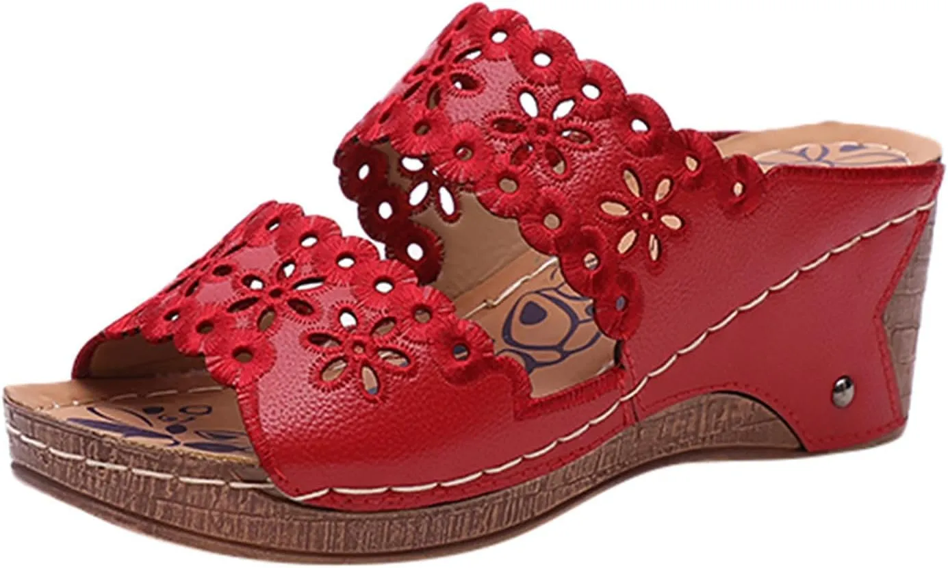 Wedge Sandals for Women Dressy, Hollow Out Embroidered Two Band Platform Sandals Mid Heels Summer Casual Slip On Walking Shoes