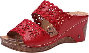 Wedge Sandals for Women Dressy, Hollow Out Embroidered Two Band Platform Sandals Mid Heels Summer Casual Slip On Walking Shoes