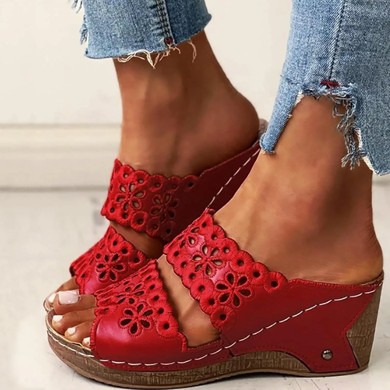 Wedge Sandals for Women Dressy, Hollow Out Embroidered Two Band Platform Sandals Mid Heels Summer Casual Slip On Walking Shoes