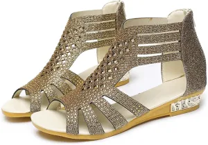 Wedge Sandals For Women Low,Comfortable Walking Sandals for Women Up Zip Out Hollow Crystal Outdoor Shoes Women's Womens Sandals Comfortable Boho Orthopedic Sandals Casual