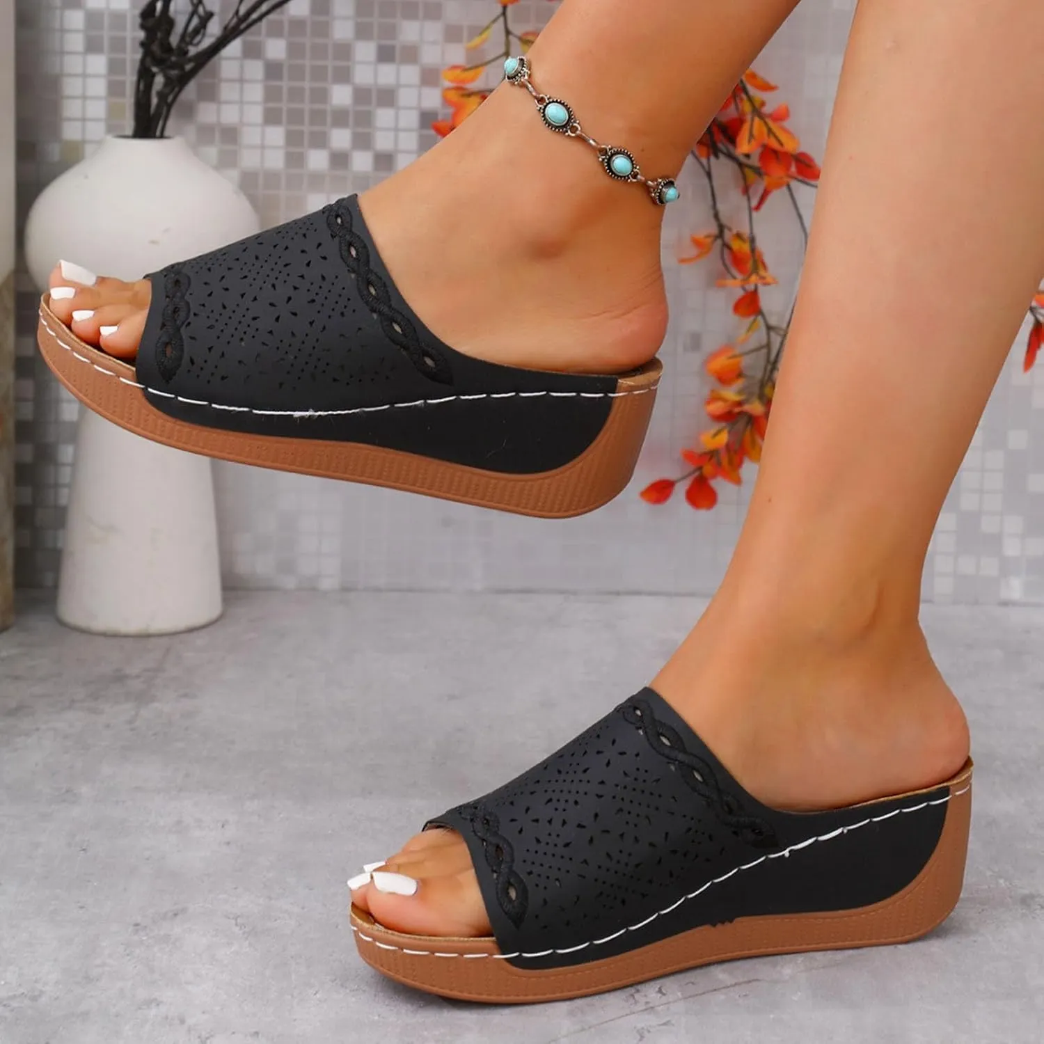 Wedge Slides for Women Comfortable Walking Slippers Orthopedic Platform Sandals with Arch Support Wide Width Open Toe Non Slip Beach Shoes Lightweight Hollow Breathable Sandals