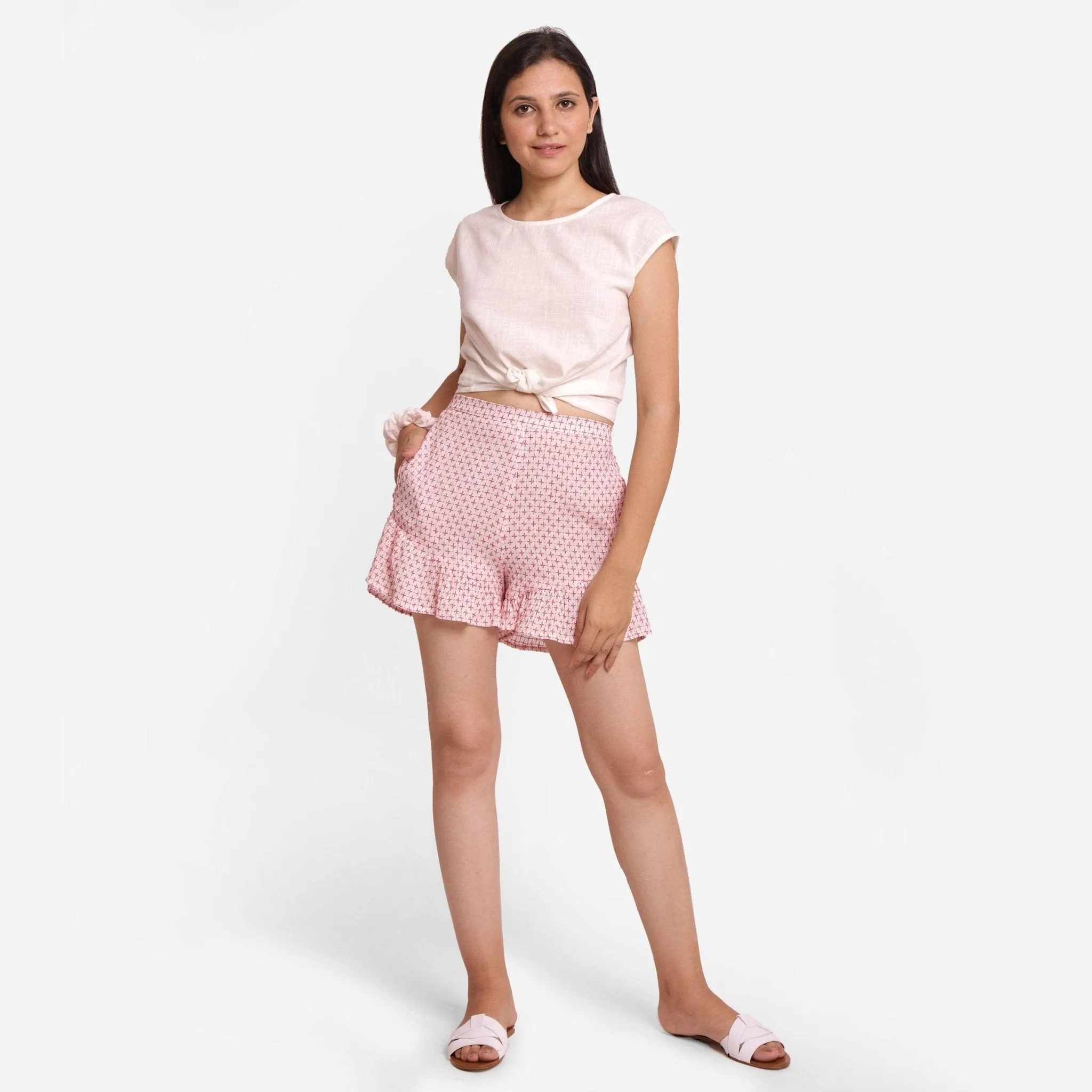 White Crinkled Cotton Frilled Elasticated Short Shorts