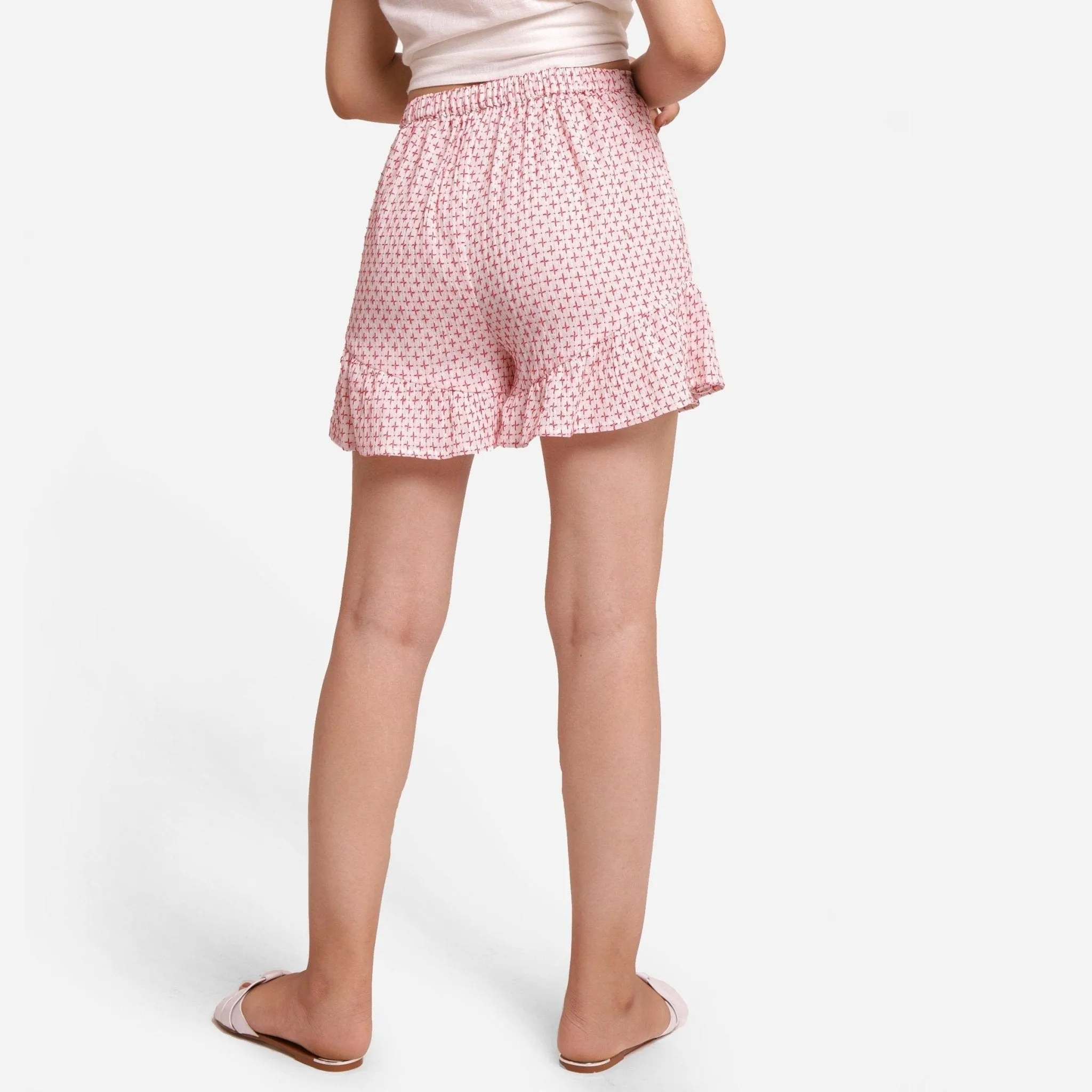 White Crinkled Cotton Frilled Elasticated Short Shorts