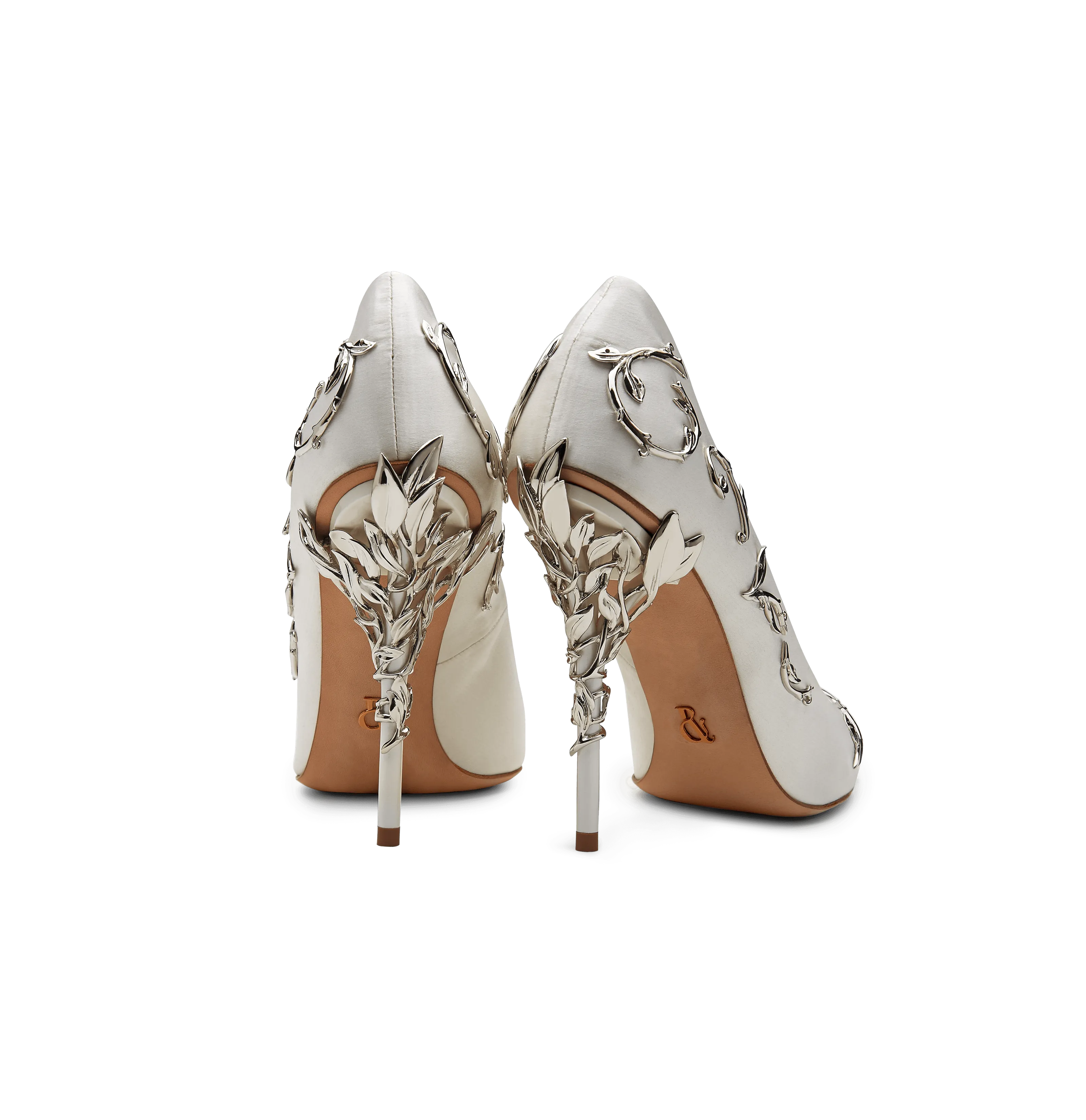 White Satin Eden Pumps with Silver Leaves