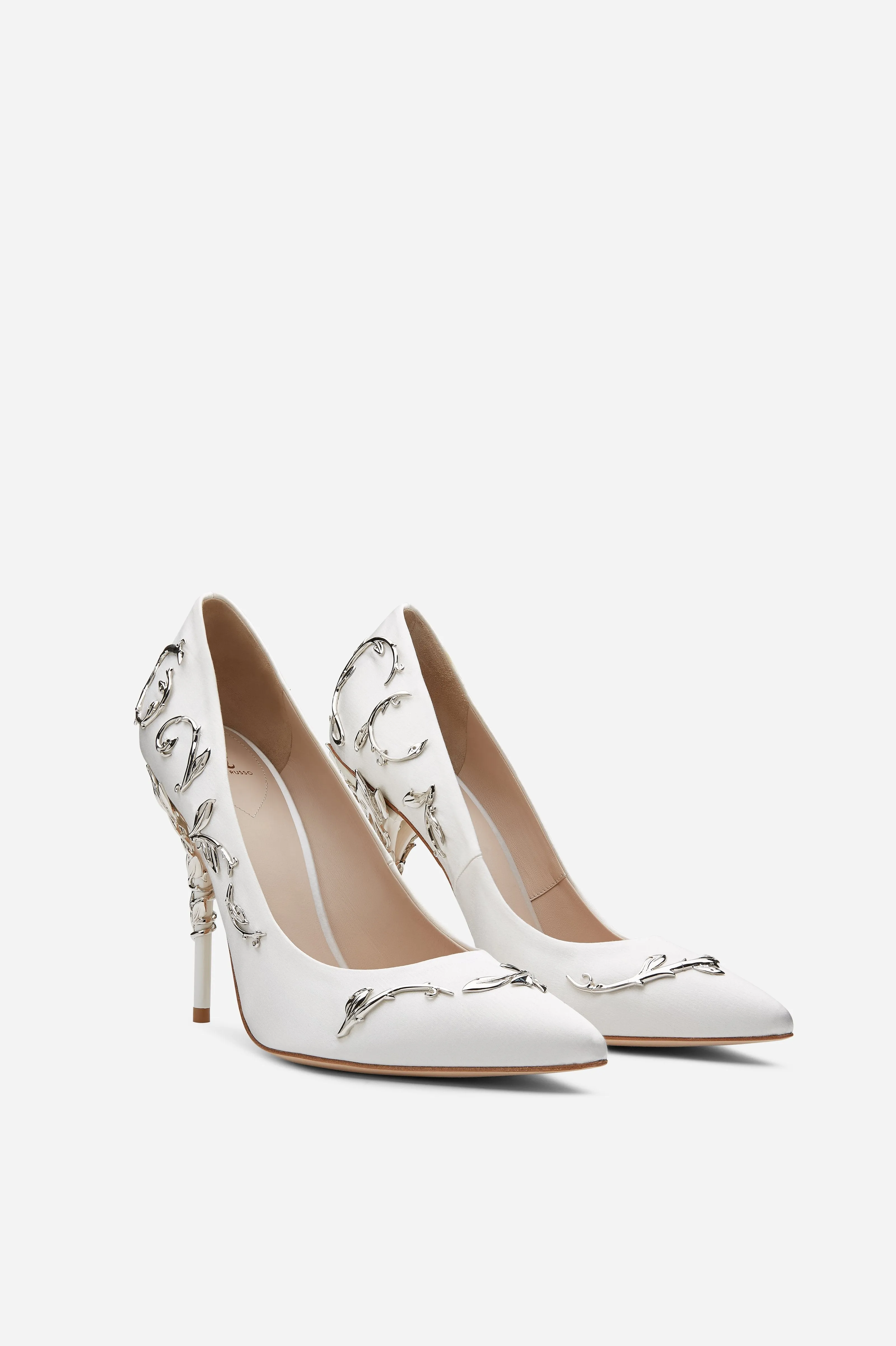 White Satin Eden Pumps with Silver Leaves