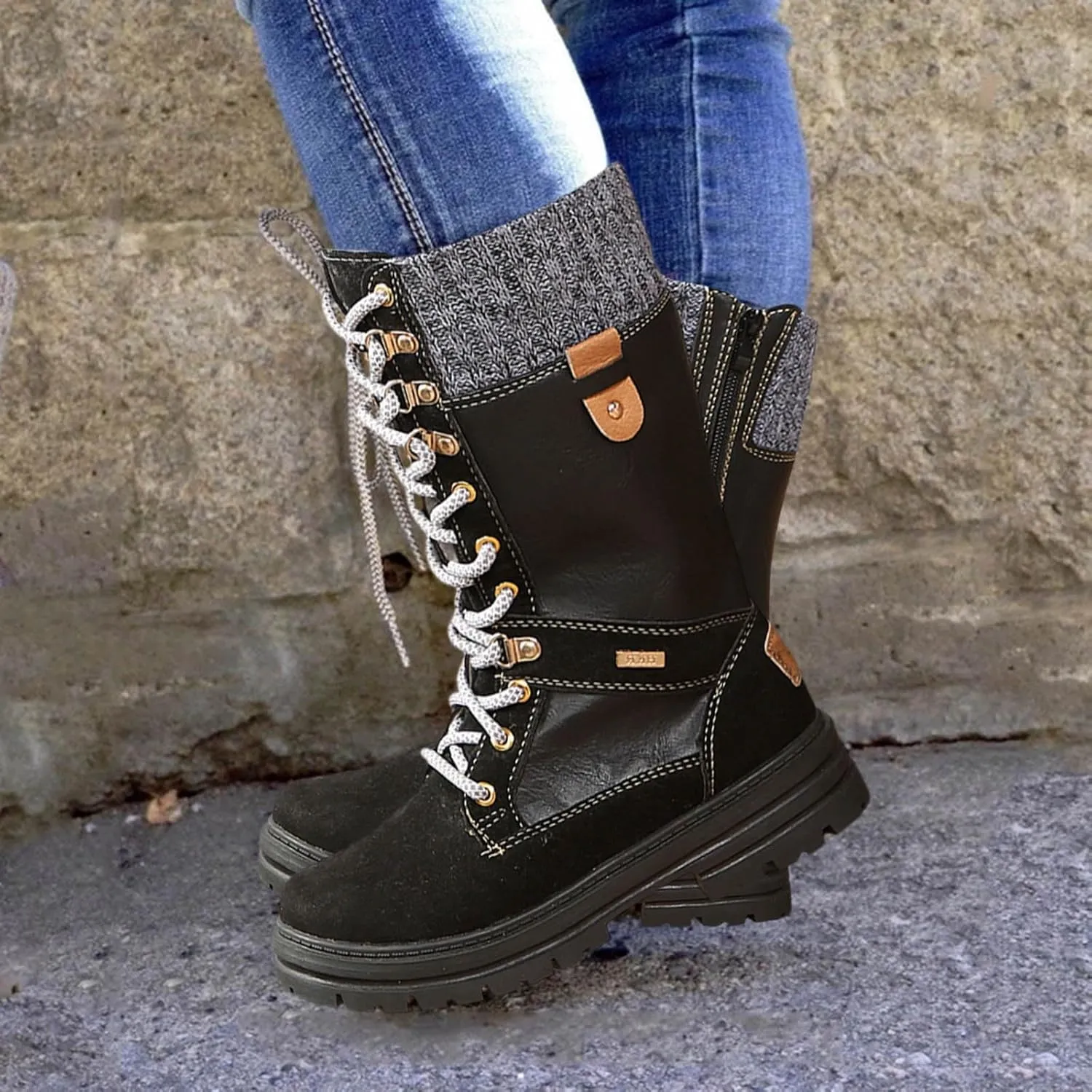 Women Snow Boots Knit Calf Waterproof Winter Boots Non Slip Fully Fur Booties Winter Warm Outdoor Ankle Boots Comfortable Winter Shoes Trekking Shoes