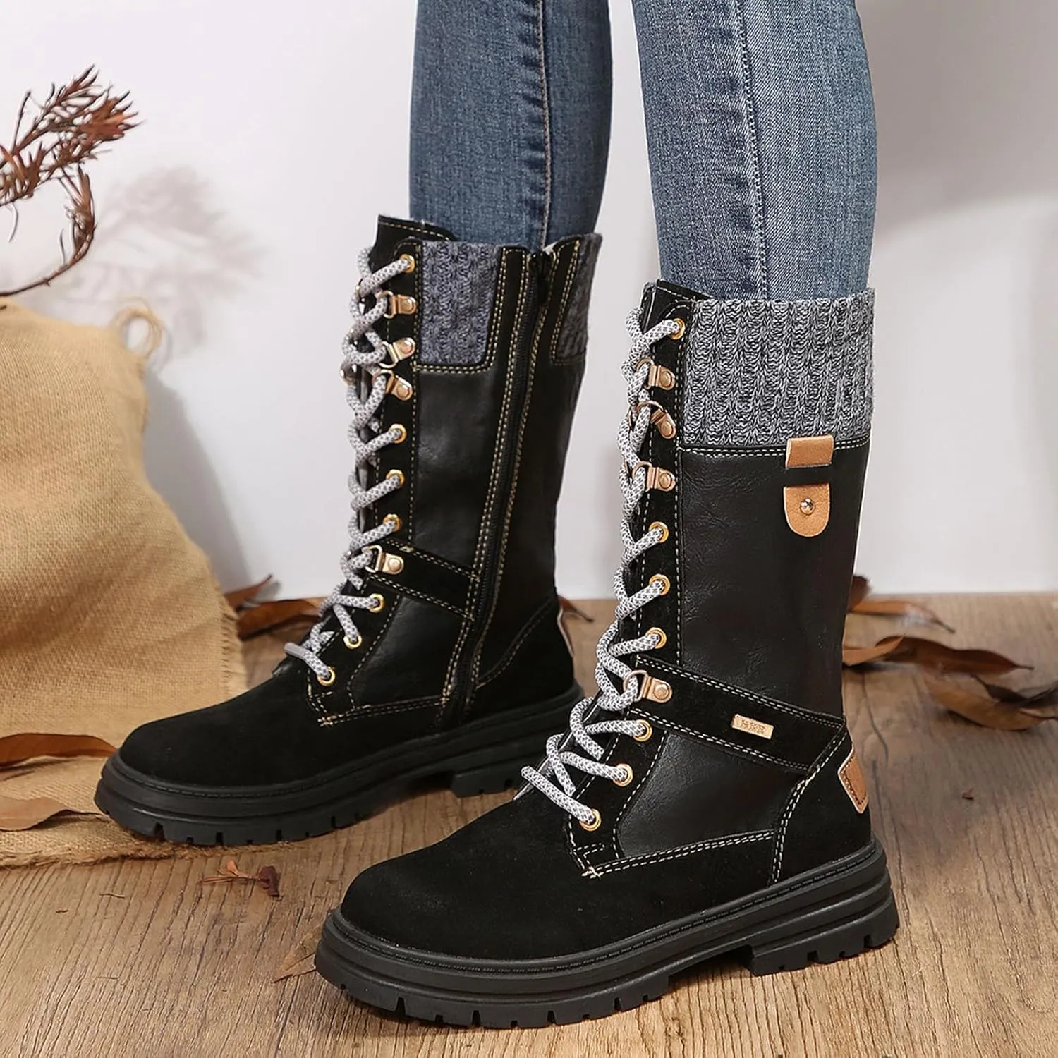 Women Snow Boots Knit Calf Waterproof Winter Boots Non Slip Fully Fur Booties Winter Warm Outdoor Ankle Boots Comfortable Winter Shoes Trekking Shoes