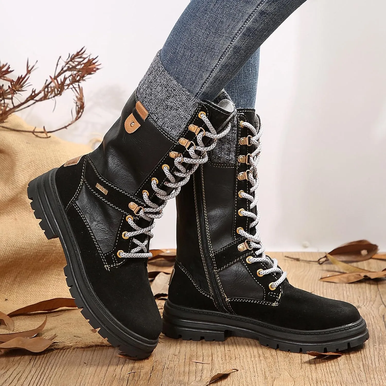 Women Snow Boots Knit Calf Waterproof Winter Boots Non Slip Fully Fur Booties Winter Warm Outdoor Ankle Boots Comfortable Winter Shoes Trekking Shoes