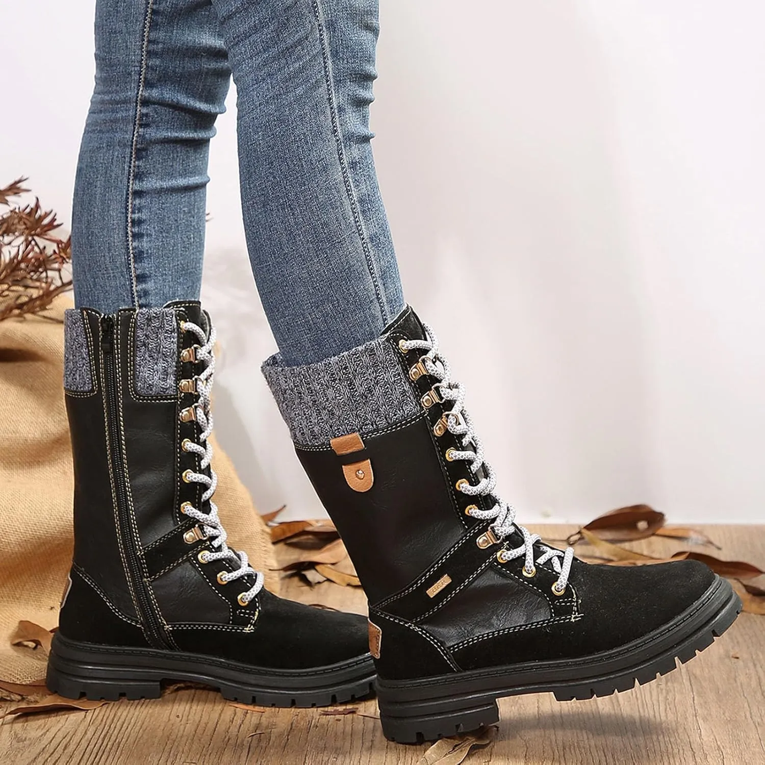 Women Snow Boots Knit Calf Waterproof Winter Boots Non Slip Fully Fur Booties Winter Warm Outdoor Ankle Boots Comfortable Winter Shoes Trekking Shoes