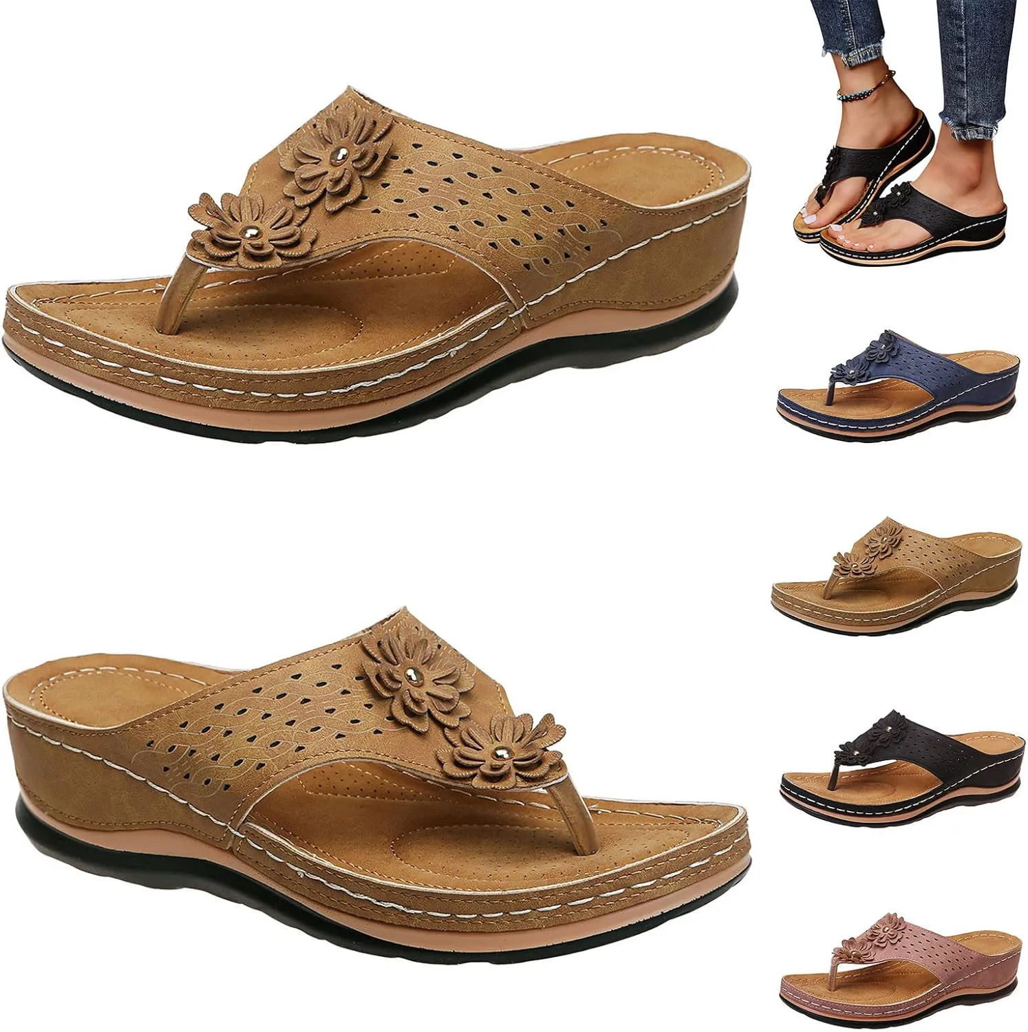 Women Wedge Orthopedic Flip-Flops Open Toe Breathable Platform Ankle Sandals Casual Comfortable Outdoor Shoes Walking Slippers with Arch Support