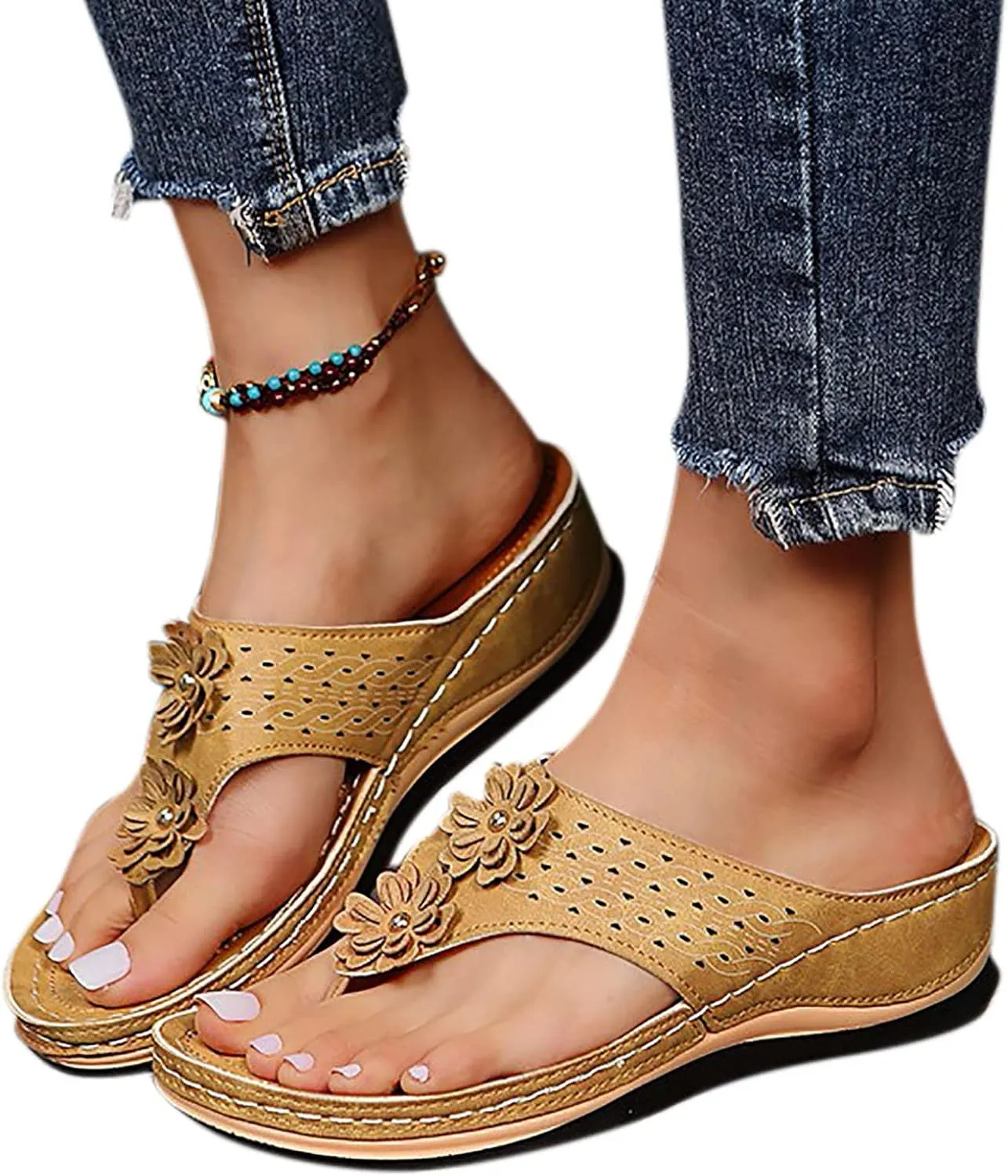 Women Wedge Orthopedic Flip-Flops Open Toe Breathable Platform Ankle Sandals Casual Comfortable Outdoor Shoes Walking Slippers with Arch Support