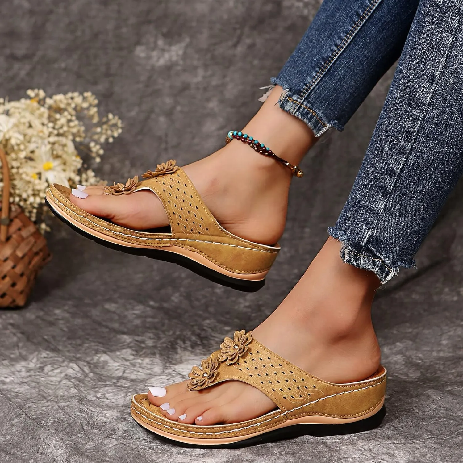 Women Wedge Orthopedic Flip-Flops Open Toe Breathable Platform Ankle Sandals Casual Comfortable Outdoor Shoes Walking Slippers with Arch Support