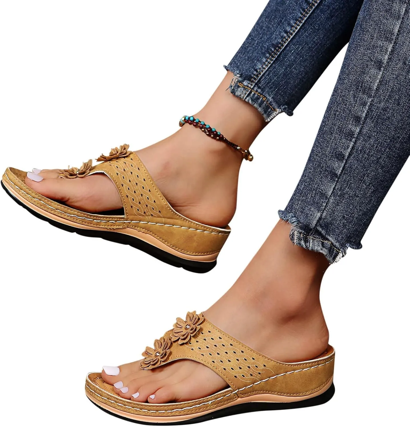 Women Wedge Orthopedic Flip-Flops Open Toe Breathable Platform Ankle Sandals Casual Comfortable Outdoor Shoes Walking Slippers with Arch Support