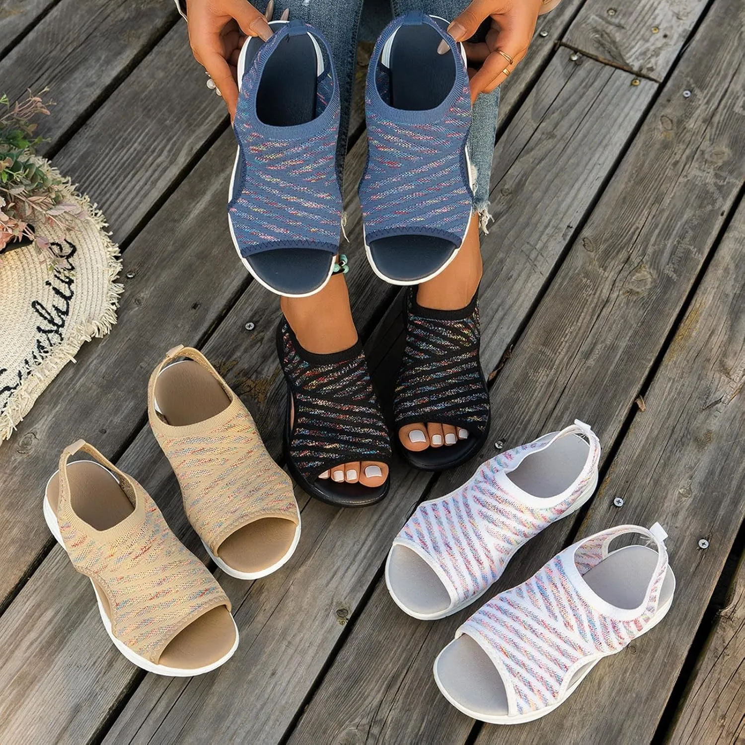 Women's 2025 Orthopedic Sport Sandals Fashionable Open Toe Thick Soled Wedge Ankle Shoes Summer Washable Slingback Orthopedic Knit Sandals