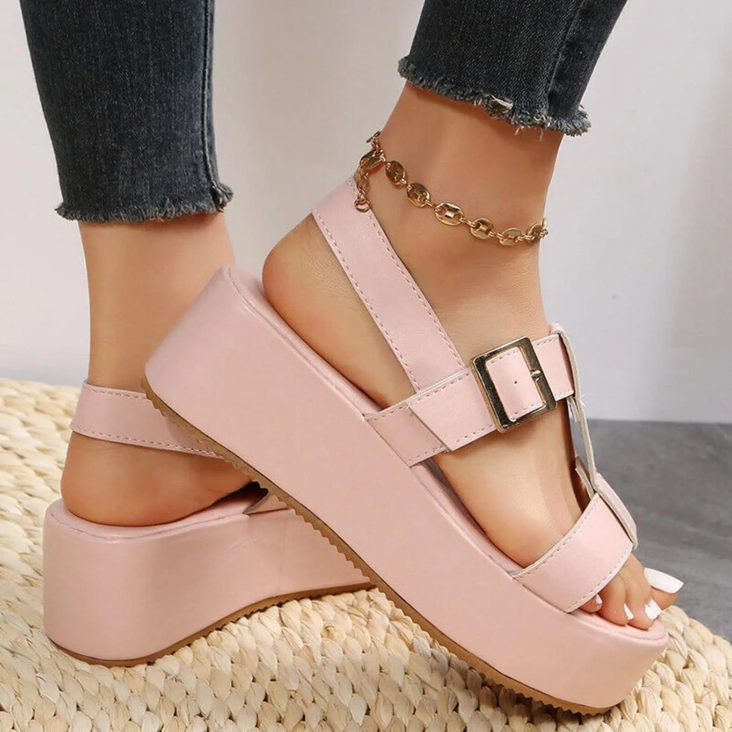 Women's Casual Wedge Sandals,Breathable Walking Orthopedic Support Sandals,Adjustable Ankle Strap Buckle Open Toe Platform Sandal