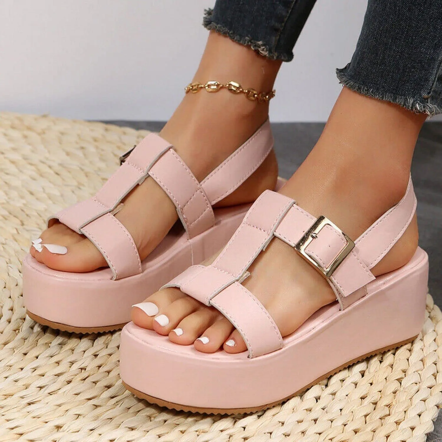 Women's Casual Wedge Sandals,Breathable Walking Orthopedic Support Sandals,Adjustable Ankle Strap Buckle Open Toe Platform Sandal