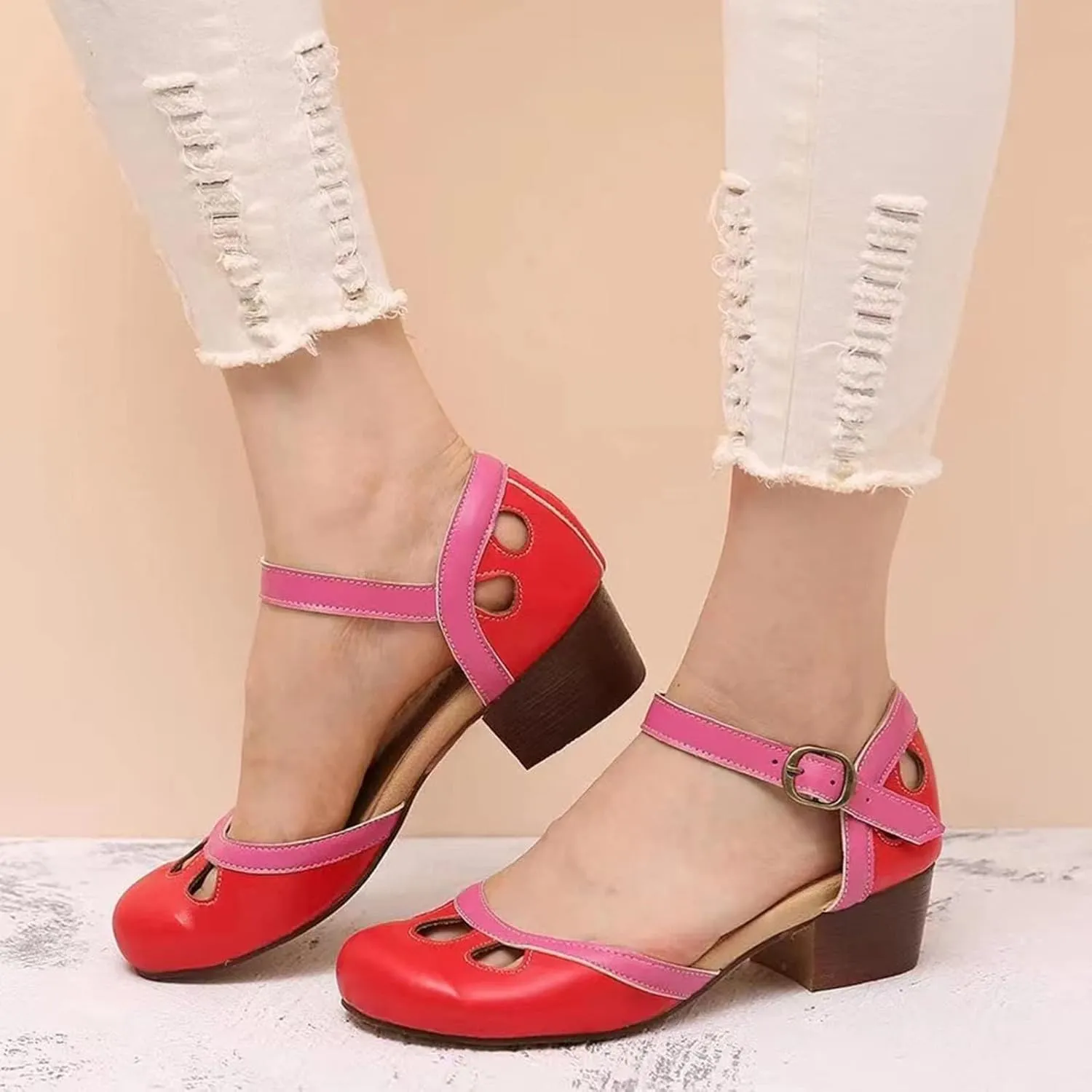 Women's Cute Colorblock Summer Sandal Hook and Eye High Heel Spring Vacation Casual Sandals Closed Toe Lovely Shoes