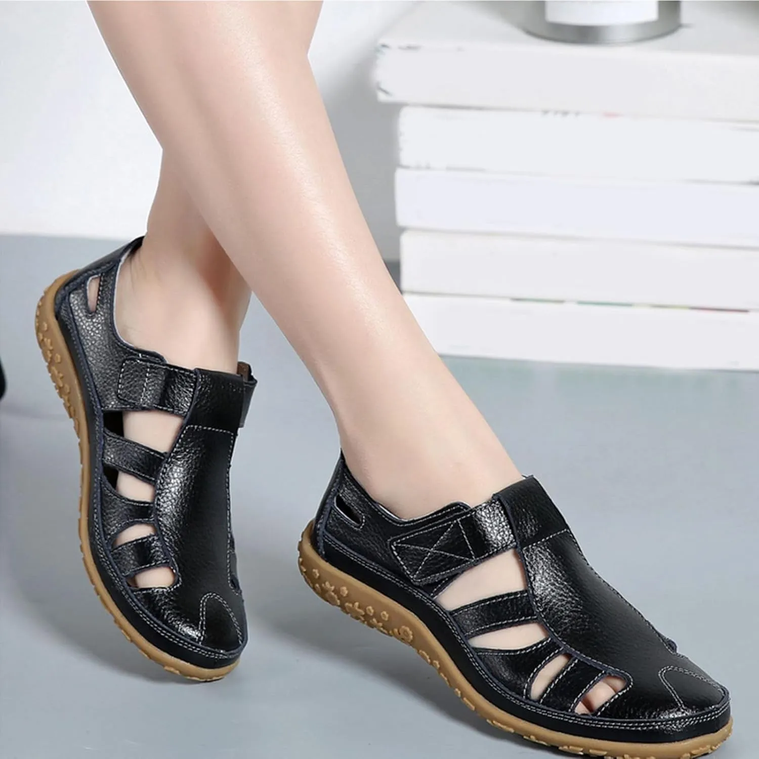 Womens Gladiator Sandals Comfortable Hollow Out Fisherman Sandals Slip On Wedges Summer Beach Shoes Closed Toe Casual Lightweight Ankle Strap Soft Shoes